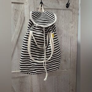 White and Black Striped Cavas Drawstring Backpack